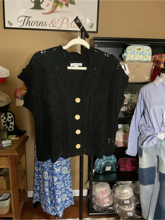 HYFVE Sweaters - HYFVE Black Crochet Button-Front Short Sleeve Cardigan